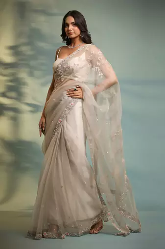 Haseena Frost Grey Ruffle Saree & Wrap Blouse Set