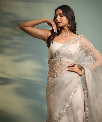 Haseena Frost Grey Ruffle Saree & Wrap Blouse Set 7