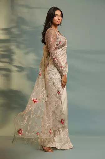 Haseena Ivor-Grey Swirl Jaal Saree Set