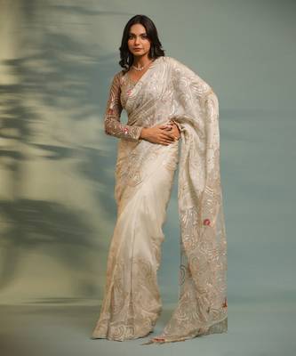 Haseena Ivor-Grey Swirl Jaal Saree Set 3