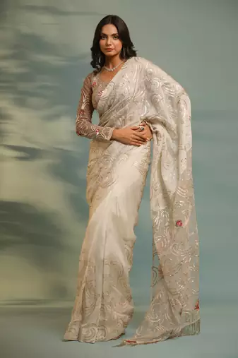 Haseena Ivor-Grey Swirl Jaal Saree Set