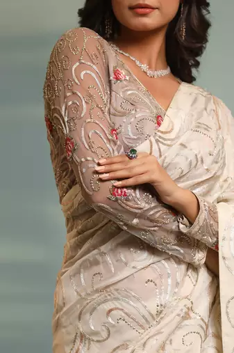 Haseena Ivor-Grey Swirl Jaal Saree Set