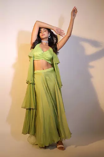 Haseena Tier Jacket 3 Pc. Set In Pear Green