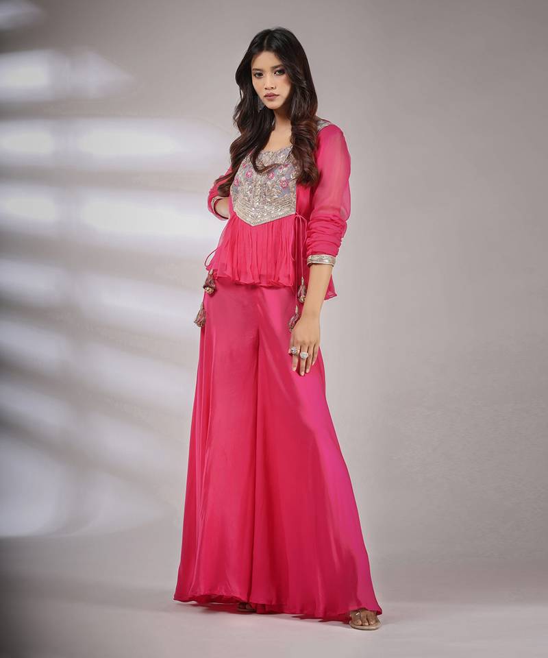 Haseena Folk Co-Ord Set In Hot Pink