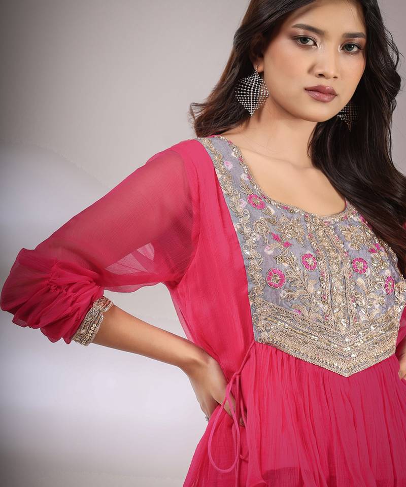 Haseena Folk Co-Ord Set In Hot Pink