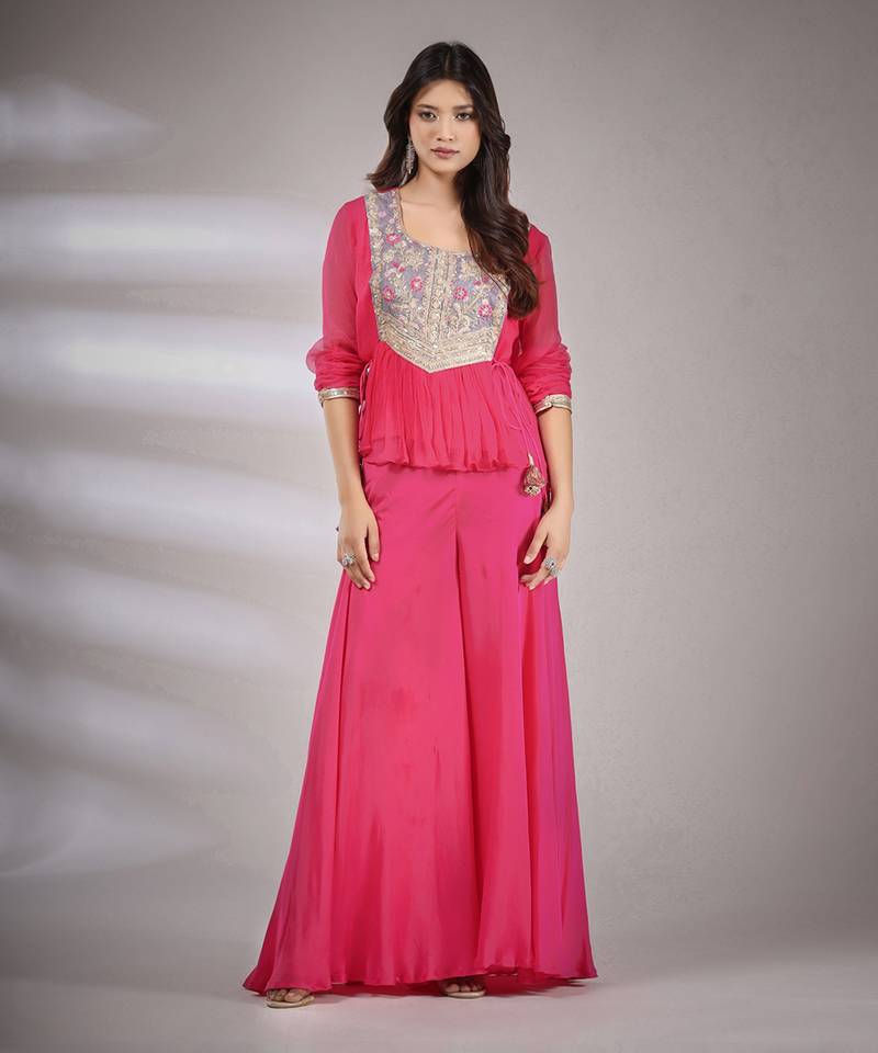 Haseena Folk Co-Ord Set In Hot Pink