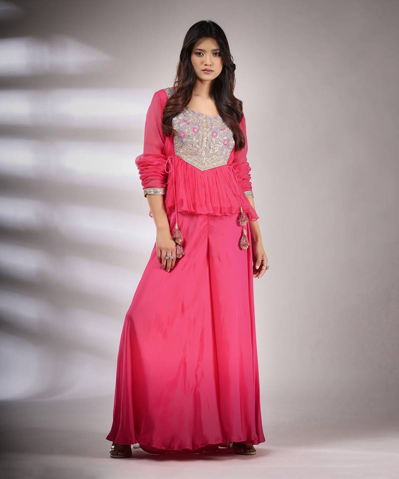Haseena Folk Co-Ord Set In Hot Pink