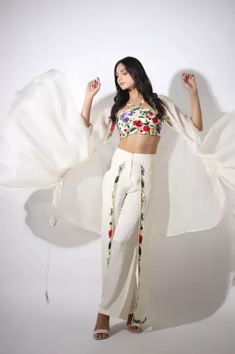 Haseena Ivory Cape & Flutter Pants Set