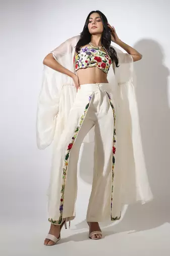 Haseena Ivory Cape & Flutter Pants Set