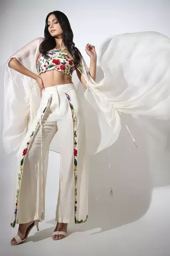 Haseena Ivory Cape & Flutter Pants Set