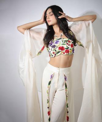 Haseena Ivory Cape & Flutter Pants Set 6