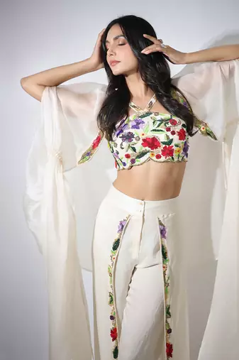Haseena Ivory Cape & Flutter Pants Set