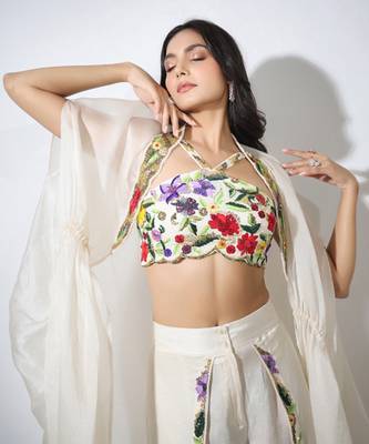 Haseena Ivory Cape & Flutter Pants Set 7