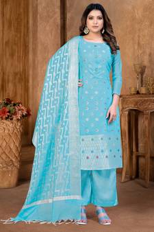 Sky Blue Wevon Designer Banarasi Silk unstitched Long Length Kameez Pant party wear salwarsuit