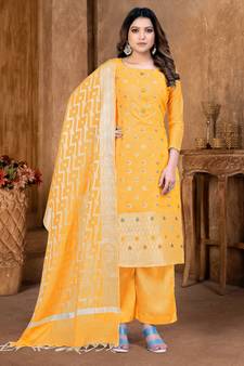 YellowWevon DesignerBanarasi SilkunstitchedLong Length KameezPantparty wear salwarsuit