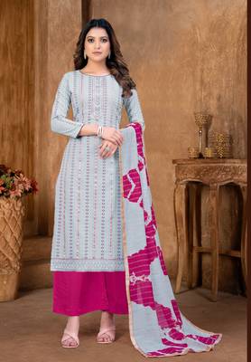 BlueDesigner PrintedCanbric CottonunstitchedLong Length Kameez Plazzo party wear salwarsuit 1