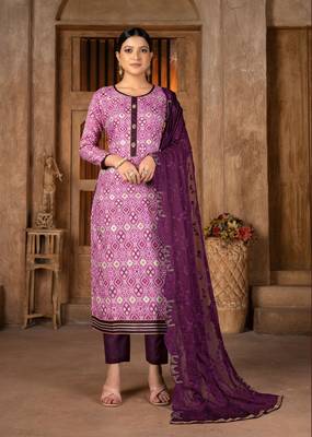 PurpleDesigner PrintedCanbric CottonunstitchedLong Length KameezPantparty wear salwarsuit 1