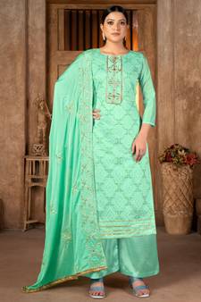 Sea GreenDesigner Embroidery WorkModal CottonunstitchedLong Length Kameez Plazzo party wear salwarsuit