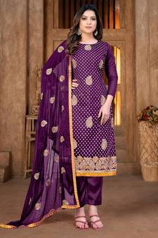 PurpleDesigner Embroidery WorkModal Chandei unstitchedLong Length KameezPantparty wear salwarsuit