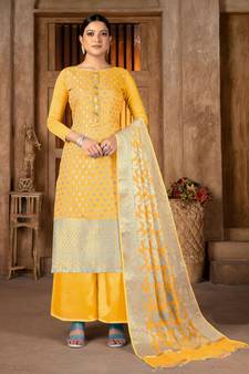 YellowWevon Jacquard DesignerBanarasi SilkunstitchedLong Length Kameez Plazzo party wear salwarsuit