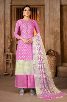 PinkWevon Jacquard DesignerBanarasi SilkunstitchedLong Length Kameez Plazzo party wear salwarsuit
