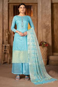 Sky BlueWevon Jacquard DesignerBanarasi SilkunstitchedLong Length Kameez Plazzo party wear salwarsuit