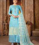 Sky BlueWevon Jacquard DesignerBanarasi SilkunstitchedLong Length Kameez Plazzo party wear salwarsuit