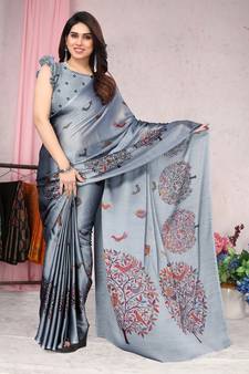 Grey Printed Chiffon Saree With Blouse