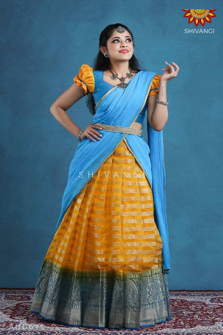 Shivangi Teenage Girls Yellow Organza Silver Half Saree | Langa Davani