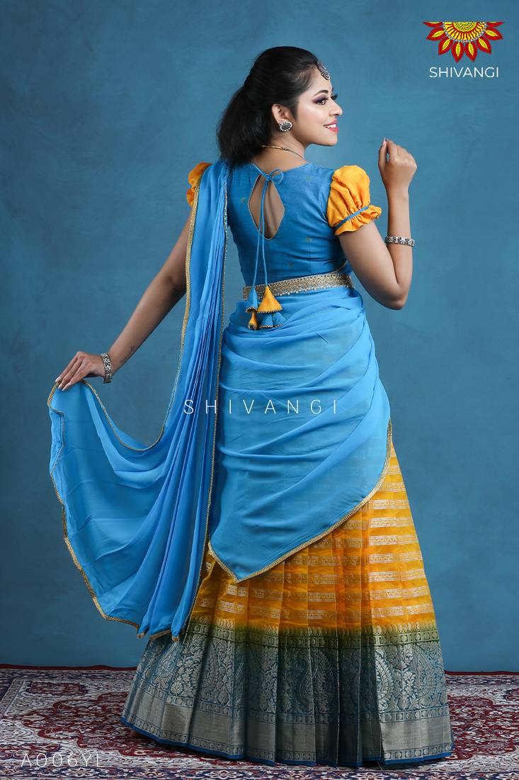 Shivangi Teenage Girls Yellow Organza Silver Half Saree | Langa Davani