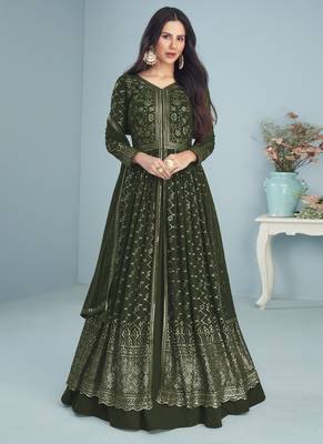 Olive Green Embroidered Slit Style Designer Anarkali Lehenga 1