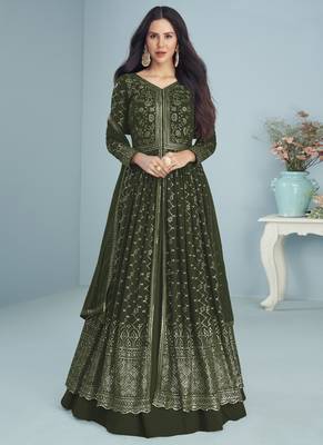 Olive Green Embroidered Slit Style Designer Anarkali Lehenga 2