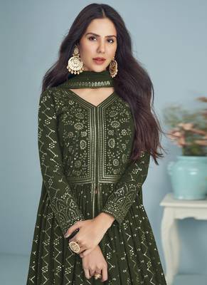 Olive Green Embroidered Slit Style Designer Anarkali Lehenga 3