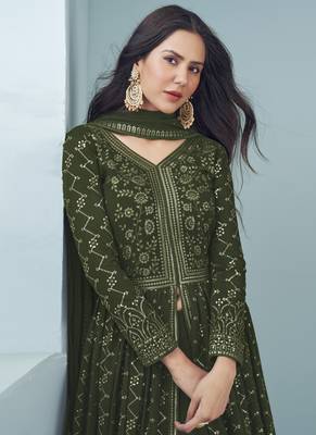 Olive Green Embroidered Slit Style Designer Anarkali Lehenga 4