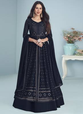 Navy Blue Embroidered Slit Style Designer Anarkali with Lehenga Bottom 1