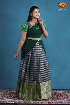 Shivangi Teenage Girls Grey Organza Silver Half Saree | Langa Davani 1
