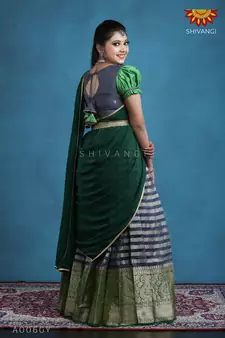 Shivangi Teenage Girls Grey Organza Silver Half Saree | Langa Davani