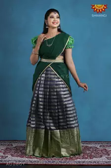 Shivangi Teenage Girls Grey Organza Silver Half Saree | Langa Davani