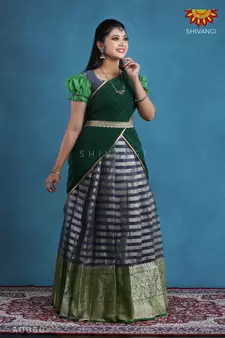 Shivangi Teenage Girls Grey Organza Silver Half Saree | Langa Davani