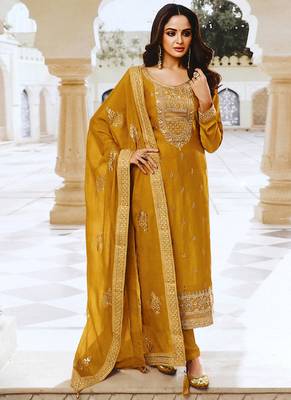 Mustard Silk Blend Embroidery Pakistani Salwar Kameez 1