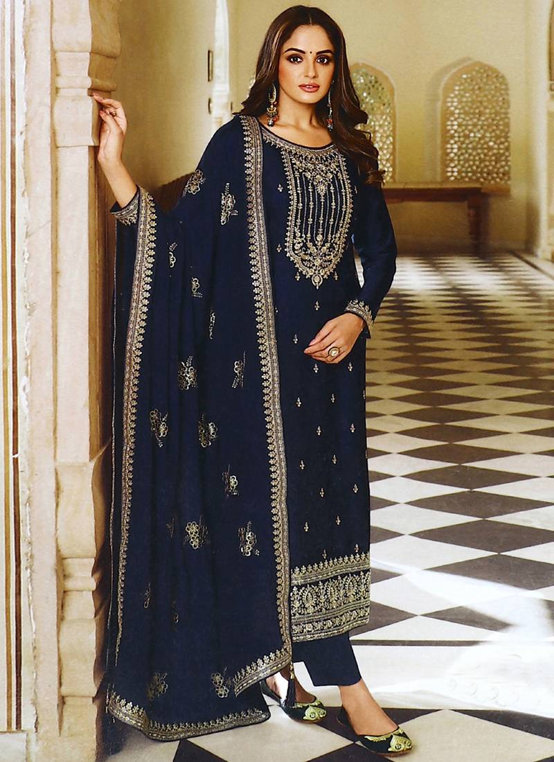 Navy Blue Silk Blend Embroidery Pakistani Salwar Kameez