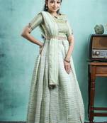 Shivangi Teenage Girls Green Pastel Arrow Pattu Half Saree | Langa Davani