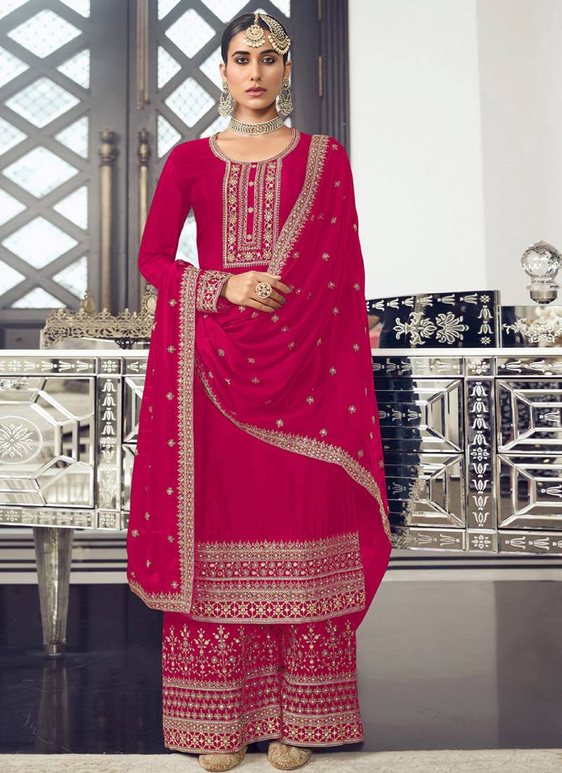 Pink Beautifully Embroidered Net Wedding Palazzo Suit