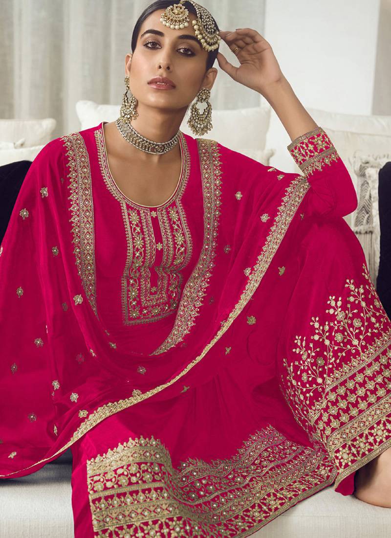 Rani Pink Traditional Readymade Pakistani Palazzo Suit With Embroidery Sequins Work main image 1