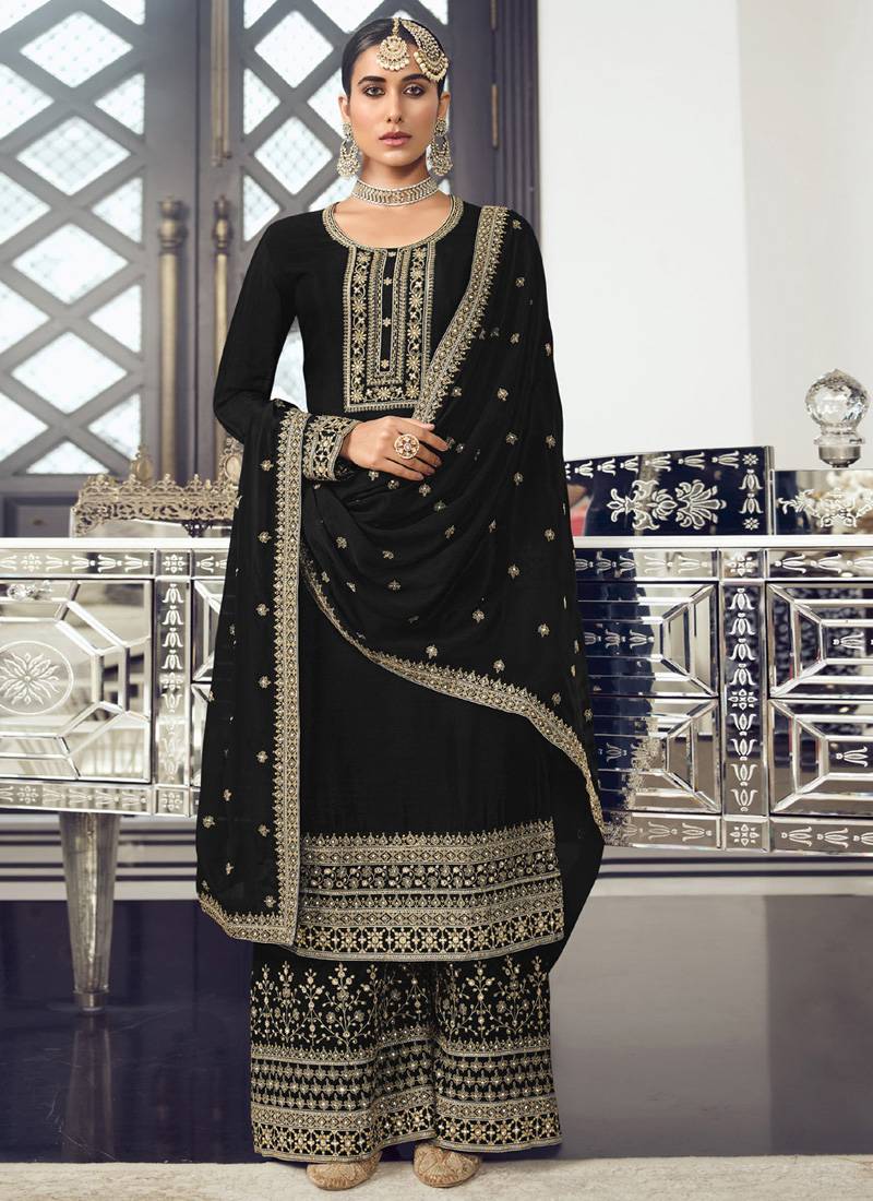 Black Traditional Designer Readymade Palazzo Suit With Heavy Fancy Real Mirror Hand Work