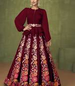 Dark Maroon Floral Embroidered Peplum Style Lehenga Choli