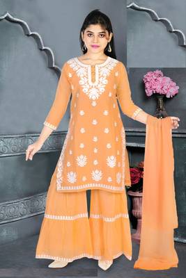 Aura Girls Ethnic Cotton Mulmul Sharara Suit With Chiffon Dupatta(1110_Parent 1) 1