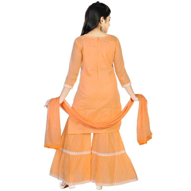 Aura Girls Ethnic Cotton Mulmul Sharara Suit With Chiffon Dupatta(1110_Parent 1)