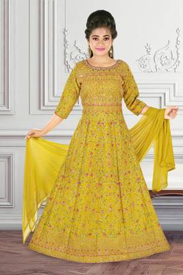 Aura Girls Wedding Party Wear Heavy Embroidered long Raw Silk Gown With Chiffon Dupatta 1
