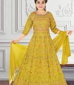 Aura Girls Wedding Party Wear Heavy Embroidered long Raw Silk Gown With Chiffon Dupatta